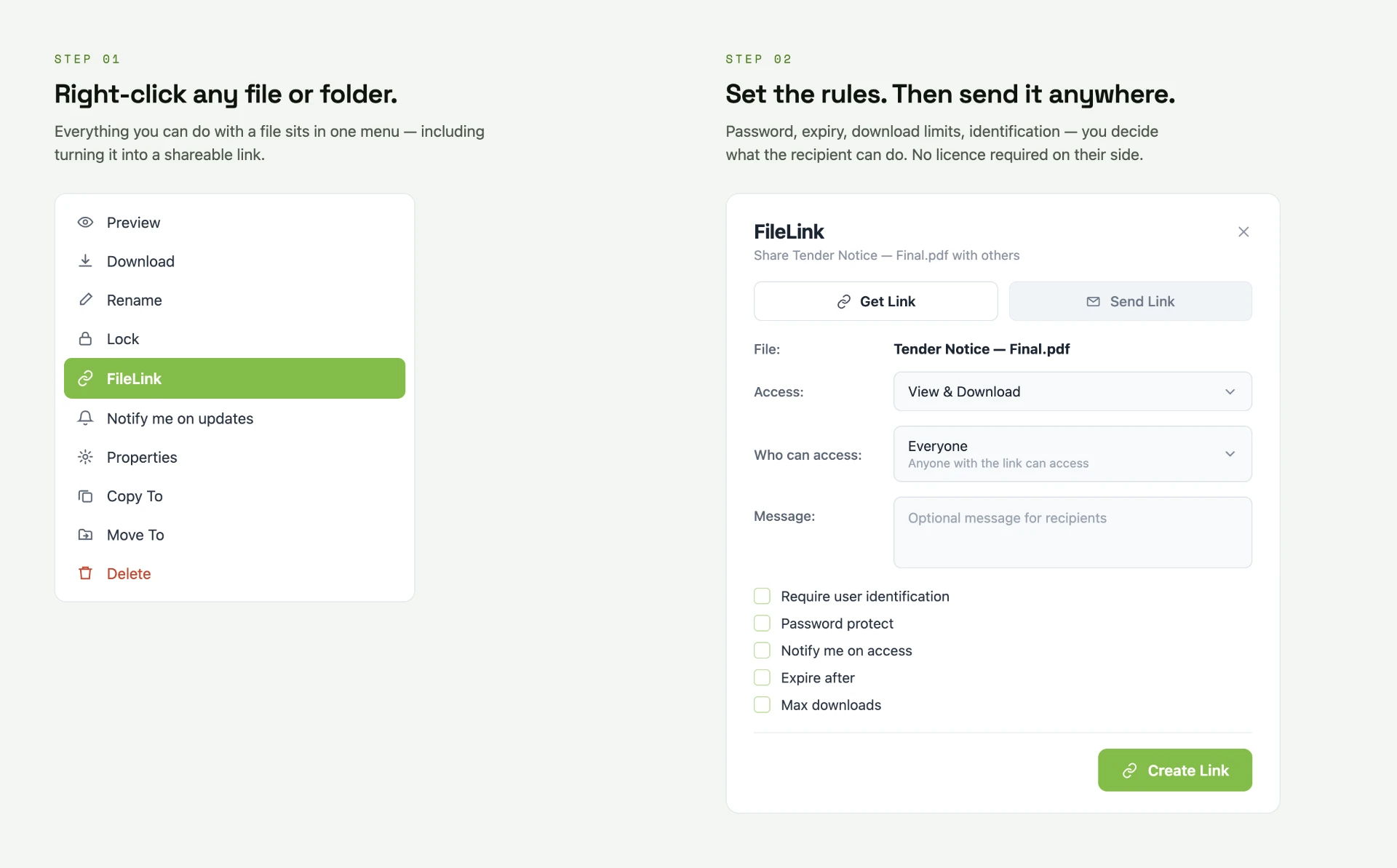 Creating a secure shareable link in Nomadesk: the file context menu, and the FileLink dialog with password, expiry and download-limit controls.