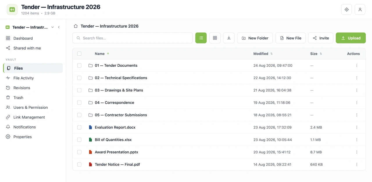 Inside a Nomadesk vault: the Tender — Infrastructure 2026 file list with numbered folders, Word, Excel, PowerPoint and PDF documents, and controls for upload, sharing and permissions.