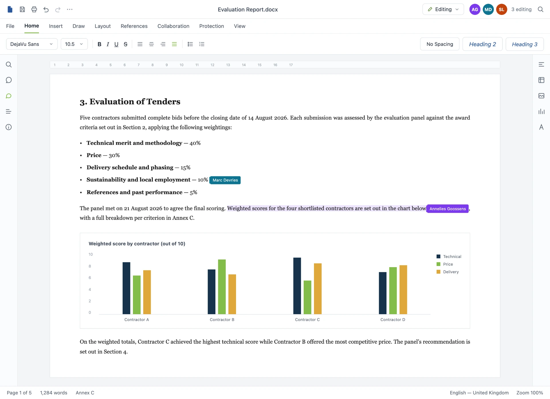 Nomadesk built-in office suite editing a Word-compatible tender evaluation report, with a weighted-score bar chart and live collaborator cursors.